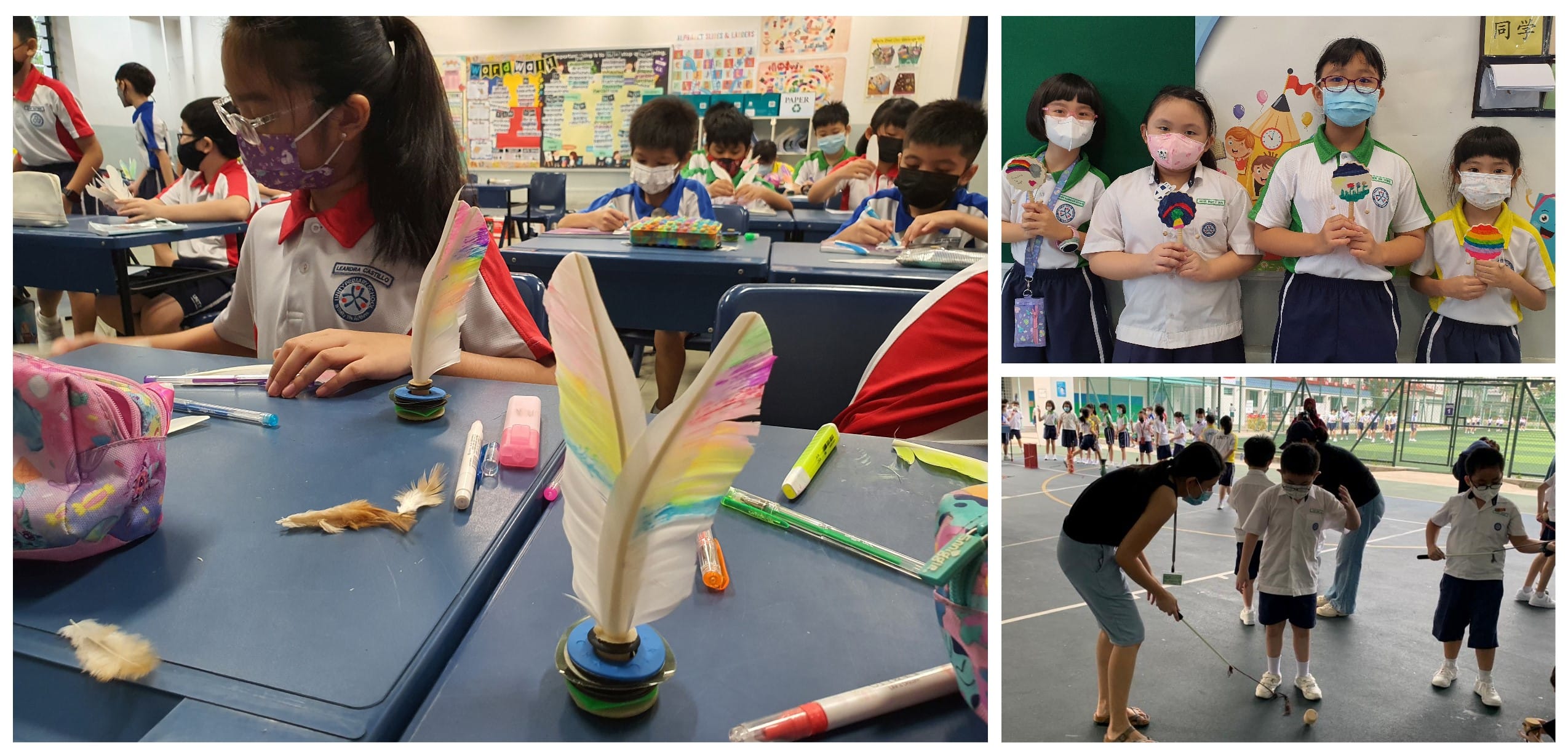 Three scenes of masked schoolchildren doing crafts in class, posing with colorful items, and playing outdoors.